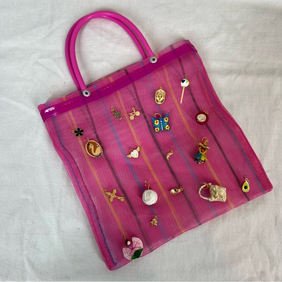 Mexican Small Mercado bag pink upcycled charms Oaxaca inspired market bag - Picture 1 of 3